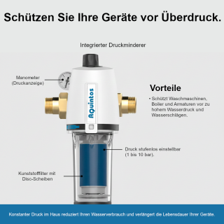 Produktbild von Druckminderer Wasser 1/2 Zoll Mit Manometer – Rückspülfilter, Messing, Für Haus Und Industrie, Druckregler Mit Filter