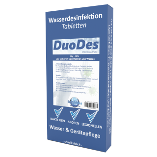 DuoDes Tab 20 g Chlordioxid– 10% – zur sicheren Desinfektion von Wasser. Rohrleitungen IBC Lagerbehältern Wasserbehälter und Zisternen | 1 Stück