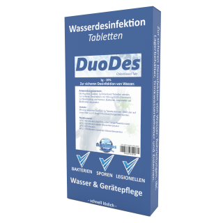 DuoDes 1g 10% Tab für Hygienespülungen – Zur sicheren Desinfektion von Rohrleitungen, IBC Lagerbehältern, Trinkwasserbehältern und Zisternen | 12 Stück