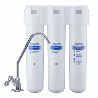 AQUAPHOR Crystal TRIO Aktivkohle Wasserfilter mit 1 Wege Wasserhahn Kohleblock mit Keimsperre und Mikrofiltration bis 0,8 Mikrometer