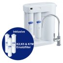 AQUAPHOR RO-101S Umkehrosmoseanlage inkl. K2,K5 und K7M Ersatzfilter mit 1 Wege Wasserhahn weiß Trinkwasserfilter Reverse Osmosis System 50 GPD Membran für 190 Liter am Tag