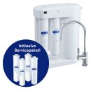 AQUAPHOR RO-101S Umkehrosmoseanlage inkl. Servicepaket mit 1 Wege Wasserhahn weiß Trinkwasserfilter Reverse Osmosis System 50 GPD Membran für 190 Liter am Tag