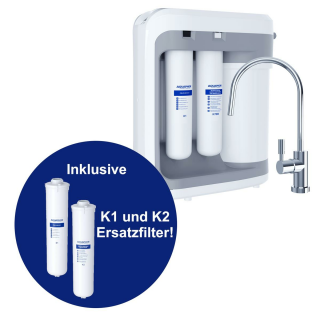 AQUAPHOR RO-202S Umkehrosmoseanlage - Reverse Osmosis System für 380 Liter am Tag mit Keimsperre und Mineralisierung - 5 Liter Wasserspeicher und 1 Wege Entnahmehahn inkl. zusätzliche K1 und K2 Ersatzfilter