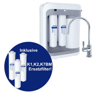 AQUAPHOR RO-202S Umkehrosmoseanlage - Reverse Osmosis System für 380 Liter am Tag mit Keimsperre und Mineralisierung - 5 Liter Wasserspeicher und 1 Wege Entnahmehahn inkl. zusätzlicher K1,K2 und K7BM Ersatzfilter