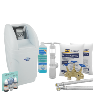 Aquintos MKC40 TOP-Line Wasserenthärtungsanlage • Entkalkungsanlage inkl. Harzreiniger, Siphon, Härtemessbesteck, 2x Flexschläuche, Montageblock und 50 Kg Salz