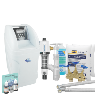 Aquintos MKC40 TOP-Line Wasserenthärtungsanlage • Entkalkungsanlage inkl. Härtemessbesteck, Harzreiniger, Montageblock, 2x Flexschläuche, Siphon und 50 Kg Salz
