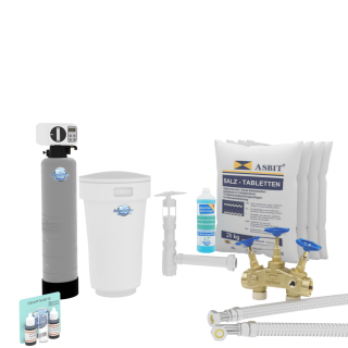 Aquintos MEB60 ECO-Line Wasserenthärtungsanlage • Entkalkungsanlage inkl. Härtemessbesteck, Harzreiniger, Montageblock, 2x Fleschlauch, Siphon und 100 Kg Salz
