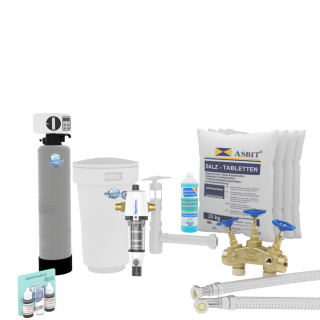 Aquintos MEB60 ECO-Line Wasserenthärtungsanlage • Entkalkungsanlage inkl.100 Kg Salz, RDX Rückspülfilter, Härtemessbesteck, Harzreiniger, Siphon, 2x Flexschläuche und Bypassventil