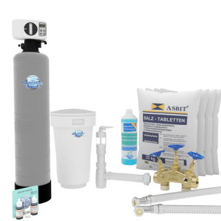 Aquintos MEB120 ECO-Line Wasserenthärtungsanlage • Entkalkungsanlage inkl. Härtemessbesteck, Harzreiniger, Montageblock, 2x Fleschlauch, Siphon und 100 Kg Salz