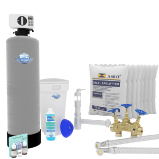 Aquintos MEB200 ECO-Line Wasserenthärtungsanlage • Entkalkungsanlage inkl. Härtemessbesteck, Harzreiniger, Montageblock, 2x Fleschlauch, Siphon und 200 Kg Salz