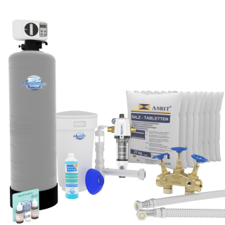 Aquintos MEB200 ECO-Line Wasserenthärtungsanlage • Entkalkungsanlage inkl. 200 Kg Salz, RDX Rückspülfilter, Härtemessbesteck, Harzreiniger, Siphon, 2x Flexschläuche und Bypassventil