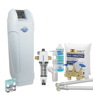 Aquintos MKC80 TOP-Line Wasserenthärtungsanlage • Entkalkungsanlage inkl. Härtemessbesteck, Harzreiniger, Montageblock, 2x Flexschläuche, RDX Rückspülfilter, Siphon und 50 Kg Salz
