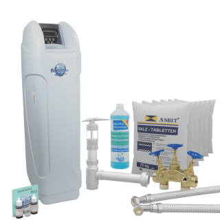 Aquintos MKC120 TOP-Line Wasserenthärtungsanlage • Entkalkungsanlage inkl. Härtemessbesteck, Harzreiniger, Montageblock, 2x Flexschlauch, Siphon und 150 Kg Salz
