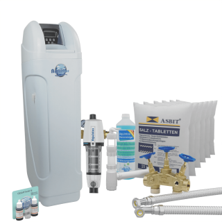 Aquintos MKC120 TOP-Line Wasserenthärtungsanlage • Entkalkungsanlage inkl. Härtemessbesteck, Harzreiniger, Montageblock, 2x Flexschläuche, RDX Rückspülfilter, Siphon und 150 Kg Salz