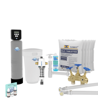 Aquintos MEC100 TOP-Line Wasserenthärtungsanlage • Entkalkungsanlage inkl. Härtemessbesteck, Harzreiniger, Montageblock, 2x Fleschlauch, Siphon und 150 Kg Salz
