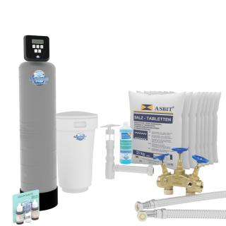 Aquintos MEC200 TOP-Line Wasserenthärtungsanlage • Entkalkungsanlage inkl. Harzreiniger, Siphon, Härtemessbesteck, 2x Flexschläuche, Montageblock und 200 Kg Salz