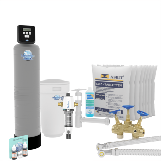 Aquintos MEC200 TOP-Line Wasserenthärtungsanlage • Entkalkungsanlage inkl. Härtemessbesteck, Harzreiniger, Montageblock, 2x Flexschläuche, RDX Rückspülfilter, Siphon und 200 Kg Salz
