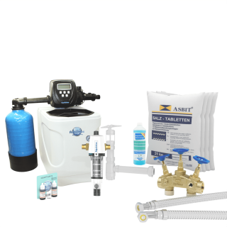 Aquintos MKC32 TOP-Line Twin Wasserenthärtungsanlage • Entkalkungsanlage inkl. Härtemessbesteck, Harzreiniger, Montageblock, 2x Flexschläuche, RDX Rückspülfilter, Siphon und 100 Kg Salz