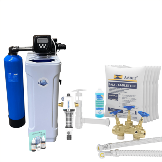 Aquintos MKC100 TOP-Line Twin Wasserenthärtungsanlage • Entkalkungsanlage inkl. Härtemessbesteck, Harzreiniger, Montageblock, 2x Flexschläuche, RDX Rückspülfilter, Siphon und 150 Kg Salz