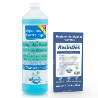 Pflegeset: 1L Harzreiniger & ResinDes 20g Hygienetablette für Wasserenthärtungsanlagen